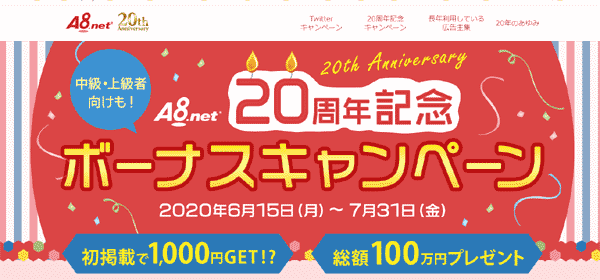 A8ネット20周年記念ボーナスキャンペーン