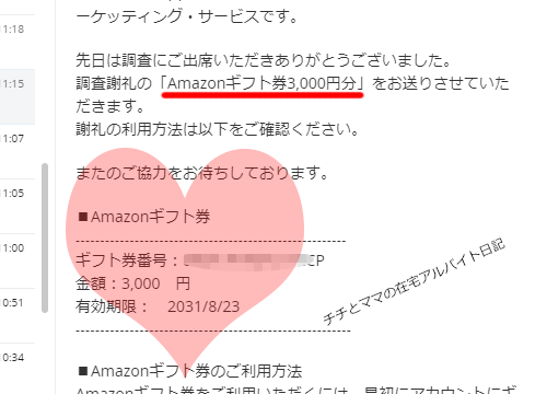 アンケートモニターの謝礼Amazonギフト券3,000円分