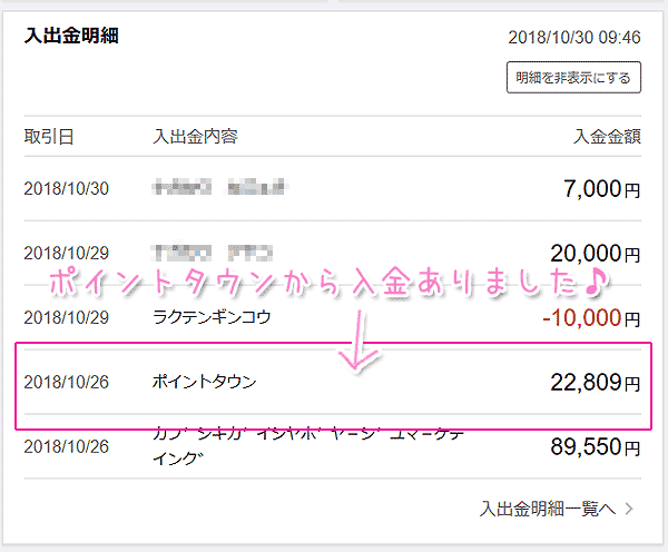 ポイントタウンから楽天銀行に入金確認